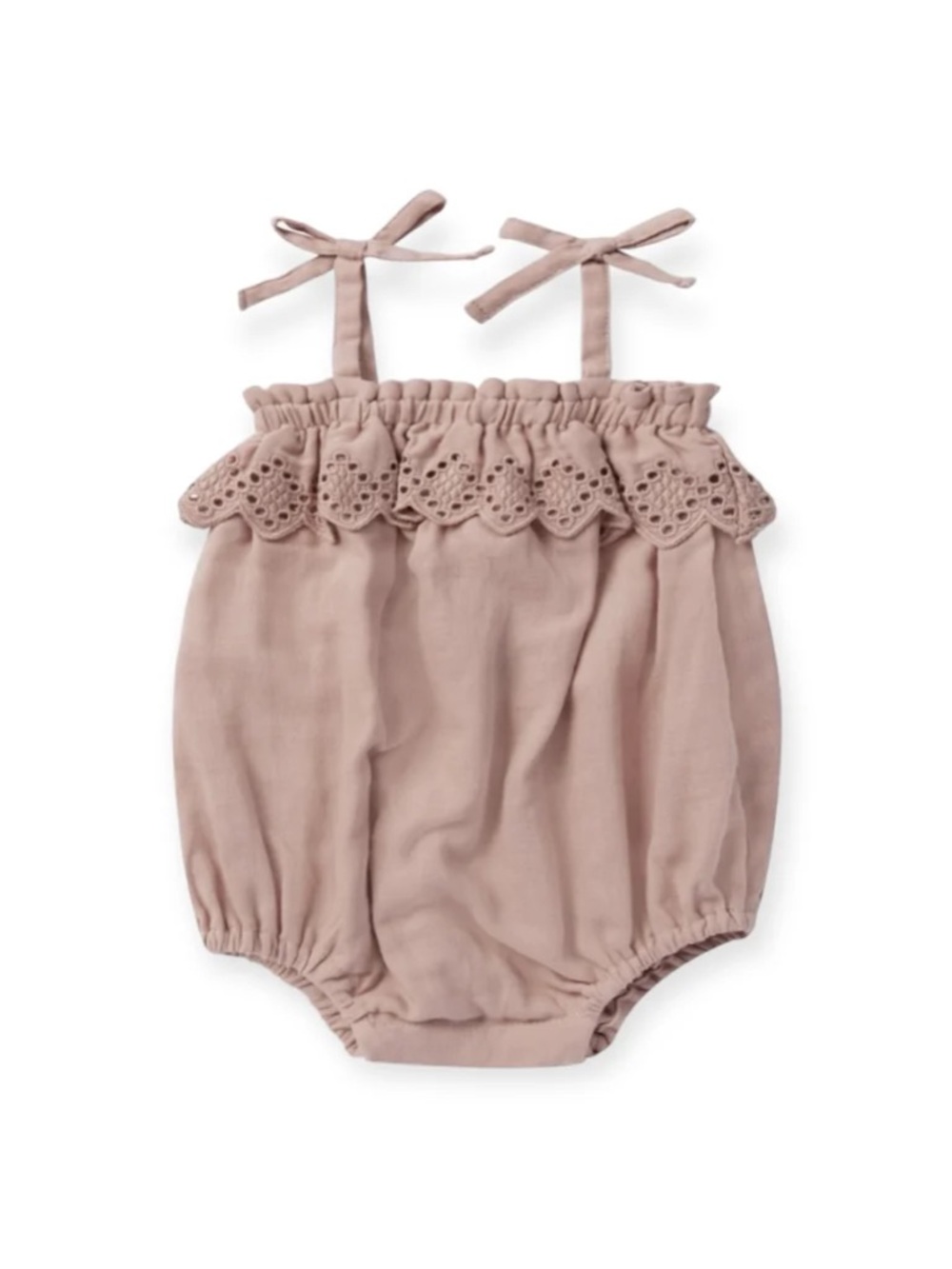 Rylee + Cru Mauve Eyelet Tie-Shoulder Bubble Romper